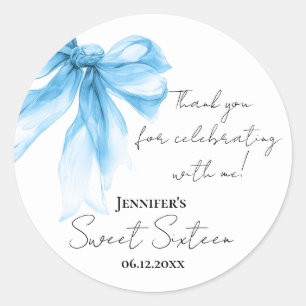 Sticker Rond Bleu Bow Coquette Script Sweet 16 Merci