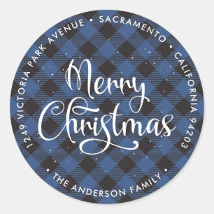 Sticker Rond Bleu Buffalo Plaid Christmas Retours Adresse Étiqu