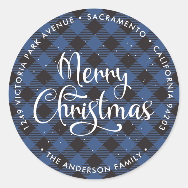 Sticker Rond Bleu Buffalo Plaid Christmas Retours Adresse Étiqu (Devant)