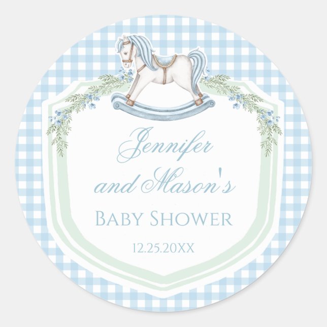 Sticker Rond Bleu cheval à bascule en vichy preppy bébé garçon  (Devant)