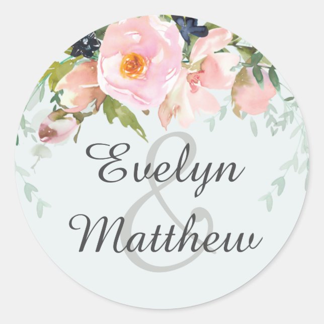 Sticker Rond Bleu clair avec Mariage de bouquet rose pâle (Devant)