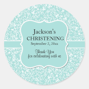 Sticker Rond Bleu clair et blanc floral Christening personnalis