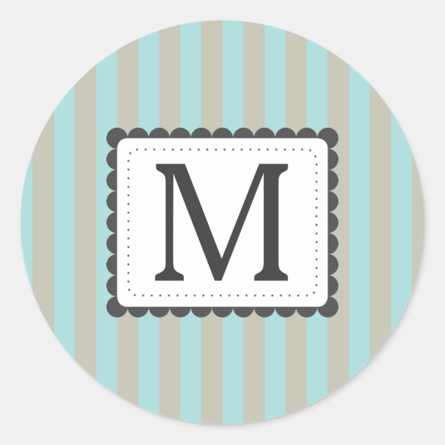 Sticker Rond Bleu clair et rayures beiges Monogramme personnali (Devant)