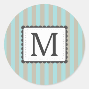 Sticker Rond Bleu clair et rayures beiges Monogramme personnali