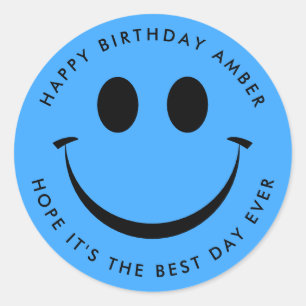 Sticker Rond Bleu clair Joyeux visage Anniversaire Amusant
