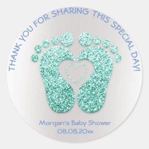 Sticker Rond Bleu Coeur Pieds Baby shower Favoriser Mint Boy Re