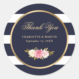 Sticker Rond Bleu de marine rayures rose Mariage Merci