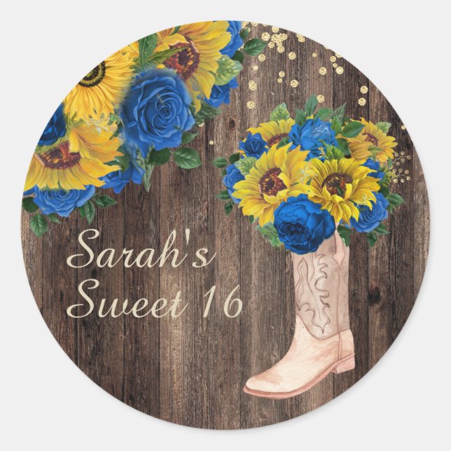 Sticker Rond Bleu de tournesol rustique Bottes Roses doux 16 (Devant)