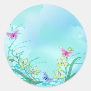 Sticker Rond Bleu de Whispy avec des fleurs et des papillons
