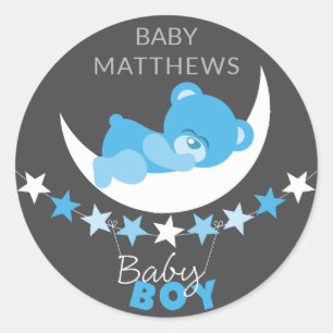 Sticker Rond Bleu Dormir Garçon Teddy Ours Sur Baby shower Lune