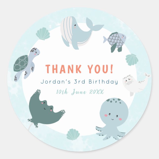 Sticker Rond Bleu Doux Sous Le Merci D'Aquarelle De Mer (Devant)