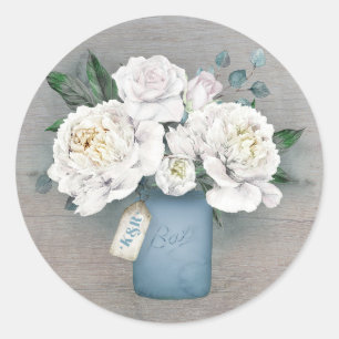 Sticker Rond Bleu Dusty Peint Mason Jar et Fleurs blanches