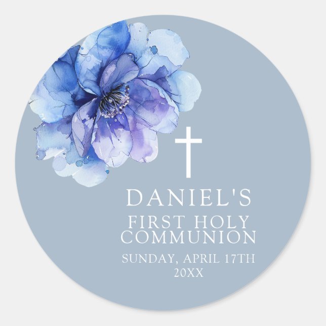 Sticker Rond Bleu Elegant Aquarelle Floral Sainte Communion (Devant)