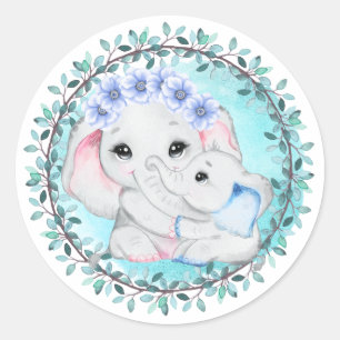 Sticker Rond Bleu éléphant petit garçon mère feuille de courge