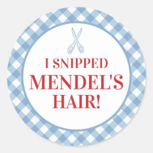 Sticker Rond Bleu En vichy Upsherin "Je L'Ai Coupé Les Cheveux 