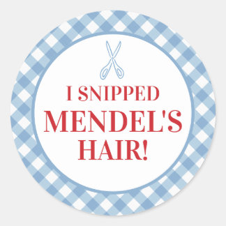 Sticker Rond Bleu En vichy Upsherin "Je L'Ai Coupé Les Cheveux 