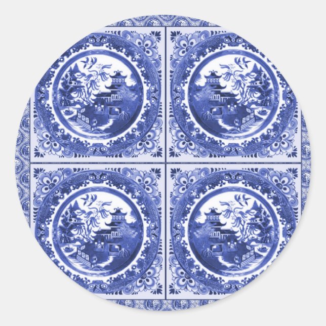 Sticker Rond Bleu et blanc, motif saule (Devant)