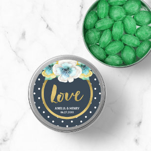 Sticker Rond Bleu et Faux Or, Aquarelle Floral Mariage Love