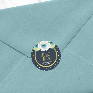 Sticker Rond Bleu et Faux Or, Floral Enregistrer la date