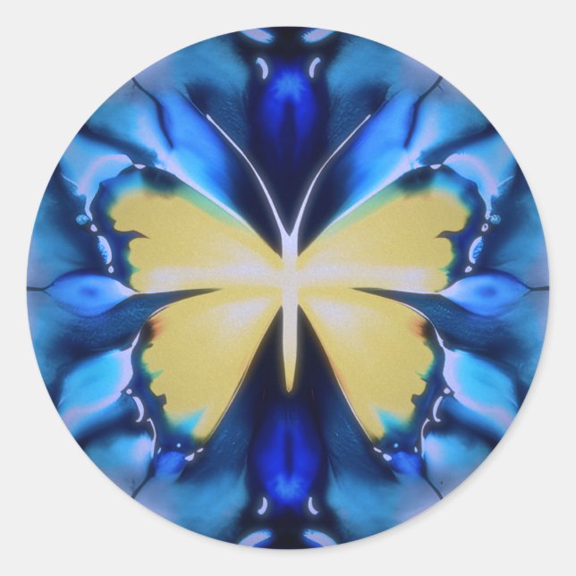 Sticker Rond Bleu et jaune Teint Boutique Papillon (Devant)