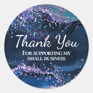 Sticker Rond Bleu et lilas Paillettes Agate Merci Entreprise