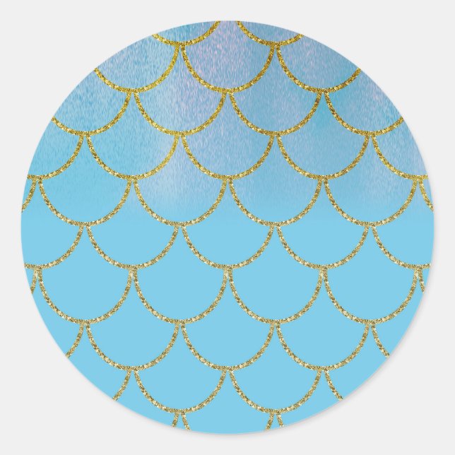 Sticker Rond Bleu et or Iridescente Shimmer Mermaid Party (Devant)