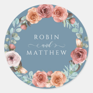 Sticker Rond Bleu Ethérée Dusty, Mariage Floral Peach Blush