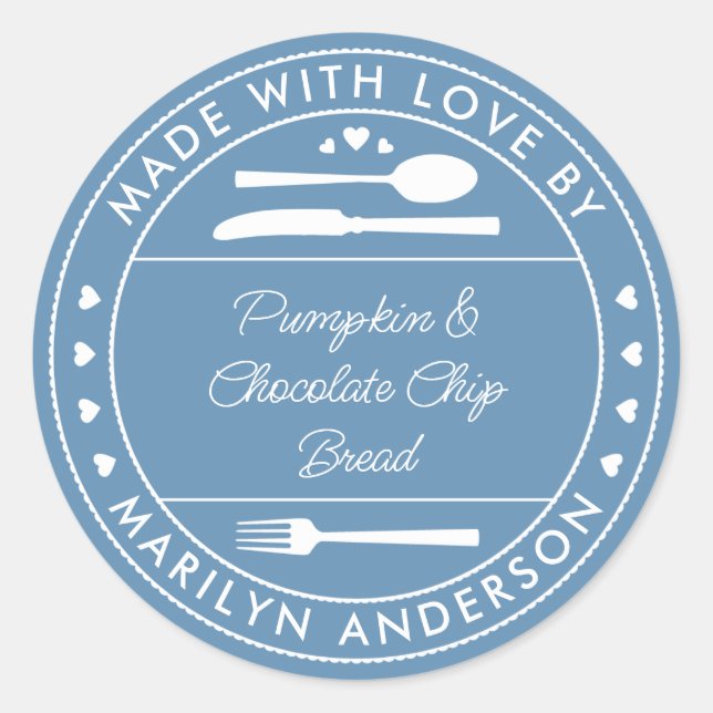 Sticker Rond Bleu Fabriqué Avec Amour Alimentation Cadeau (Devant)