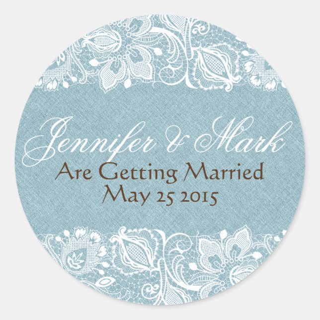 Sticker Rond Bleu Faux Lin Burlap & Blanc Dentelle Florale (Devant)