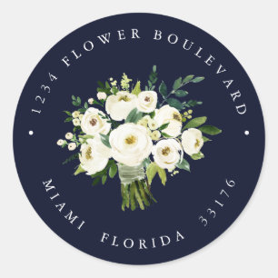 Sticker Rond Bleu Fleur Blanche Bouquet Botanique Adresse de re