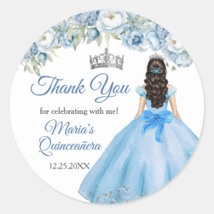 Sticker Rond Bleu Floral Argent Couronne Quinceañera Merci