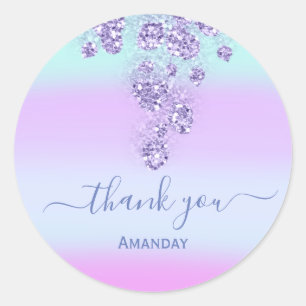 Sticker Rond Bleu floral Paillettes Poussiéreuses Mariage Nom  