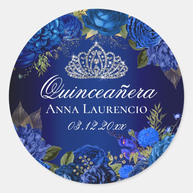Sticker Rond Bleu Floral Rose Diamant Tiara Quinceanera (Devant)
