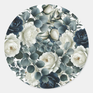 Sticker Rond Bleu foncé et blanc Moderne Floral Mariage