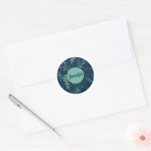 Sticker Rond Bleu foncé et Feuilles verts Turquoises