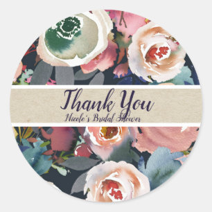 Sticker Rond Bleu foncé et rose blush floral aquarelle mariage