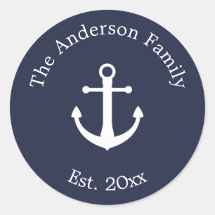 Sticker Rond Bleu foncé nautique avec Ancre et texte blanc