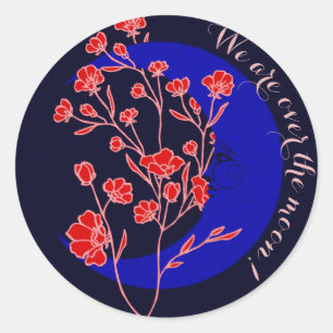 Sticker Rond Bleu foncé vintage Art Nouveau Lune & Roses