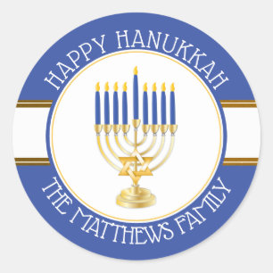 Sticker Rond Bleu   Gold Menorah Happy Hanoukka Classic Round