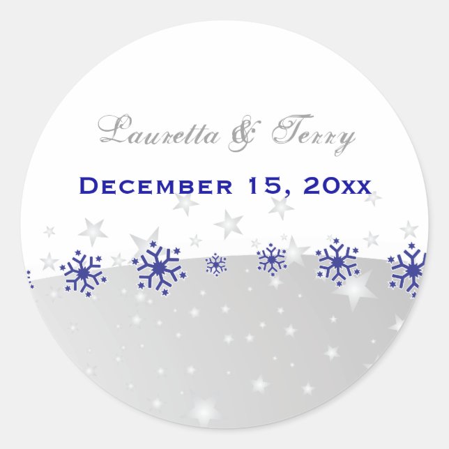 Sticker Rond Bleu, gris argenté mariage flocon de neige Enregis (Devant)