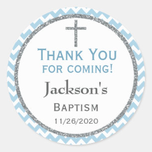 Sticker Rond Bleu gris Chevron Garçons Baptême Merci Favoriser