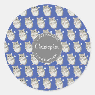 Sticker Rond Bleu J'aime Hamsters Gris Hamster Motif