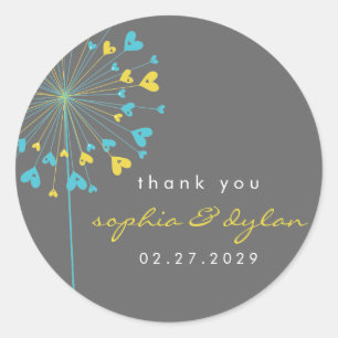 Sticker Rond Bleu & Jaune Dandelion Fleur Amour Coeurs Mariage