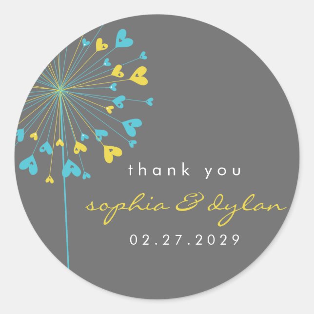 Sticker Rond Bleu & Jaune Dandelion Fleur Amour Coeurs Mariage (Devant)