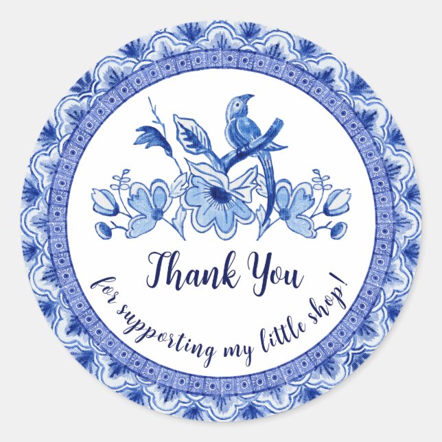 Sticker Rond Bleu marine blanc Chinoiserie asiatique Merci (Devant)