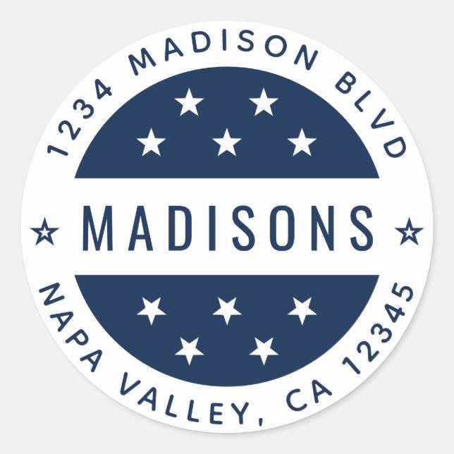 Sticker Rond Bleu marine et étoiles blanches Adresse de retour  (Devant)