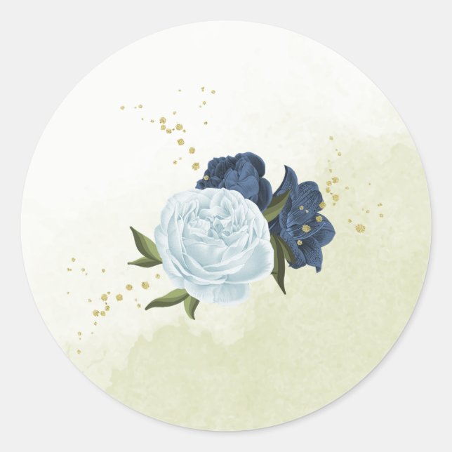 Sticker Rond bleu marine et poussiéreux fleurs verdure mariage (Devant)