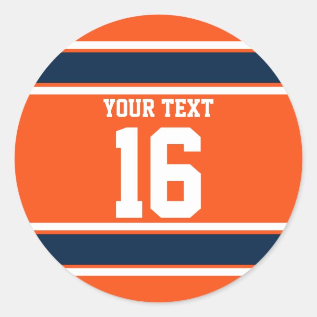 Sticker Rond Bleu marine et rayures sport orange personnalisées (Devant)