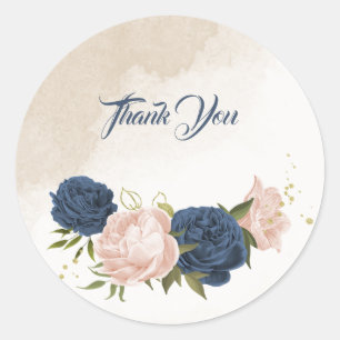 Sticker Rond bleu marine fleurs vert feuille mariage
