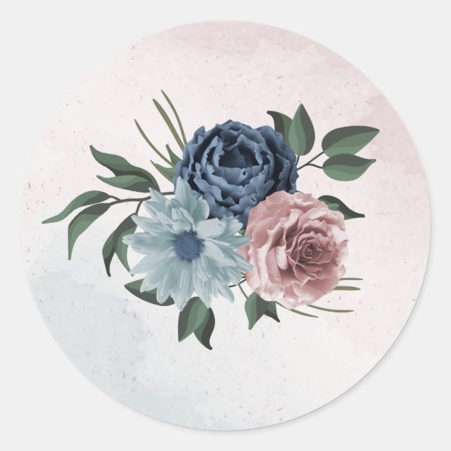 Sticker Rond bleu marine rose roux bleu vert fleuri mariage (Devant)